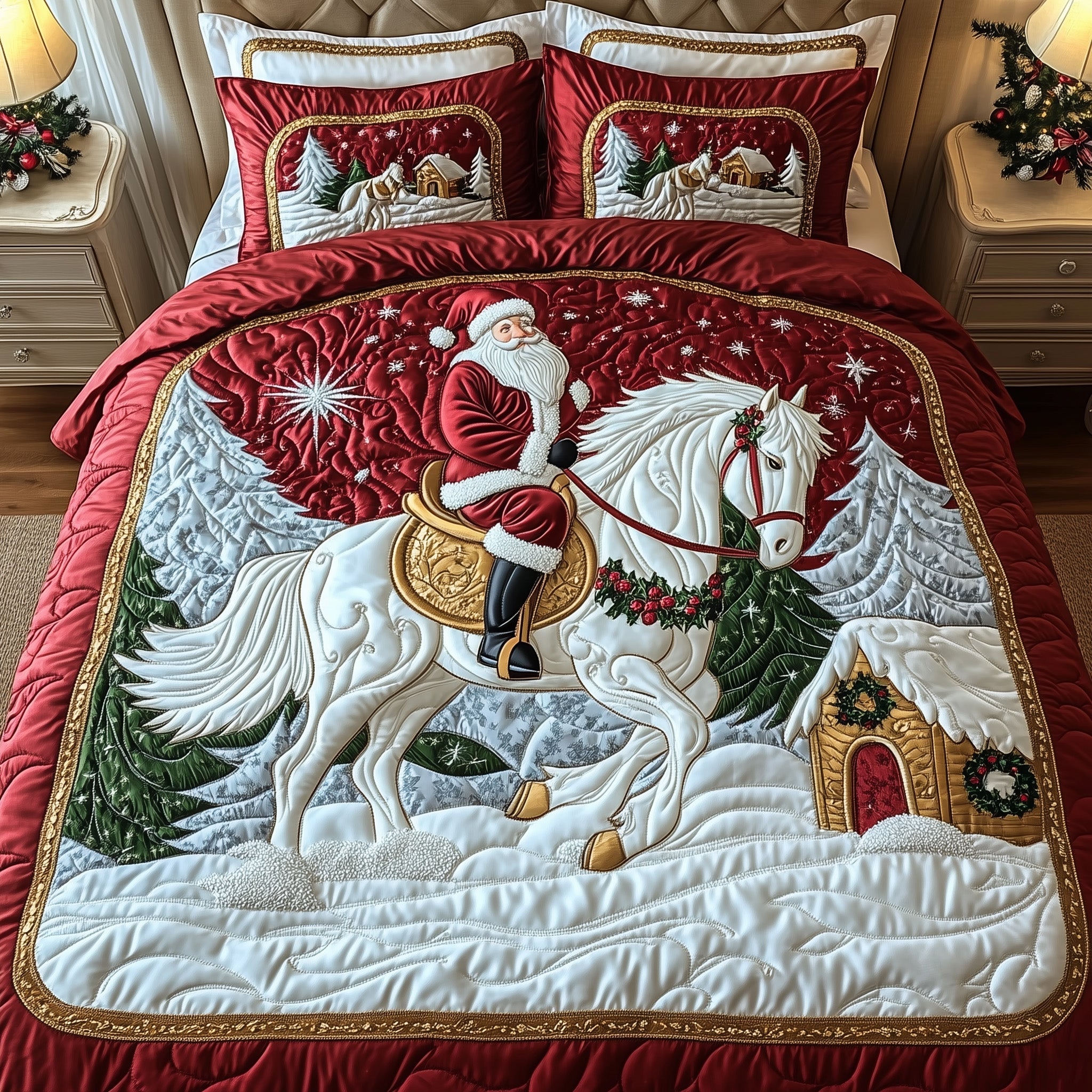 Santa With Majestic Horse Quilted Bedding Set White Carthorse Pattern Merry Christmas Day Gifts