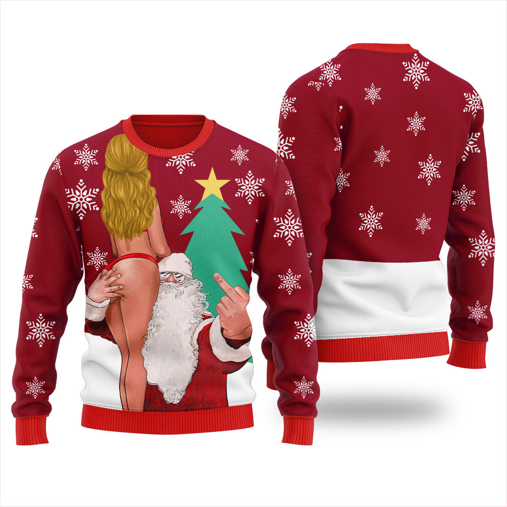 Santa With Sexy Girl Naughty Ugly Sweater Cozy Christmas Sweater for Holiday Season