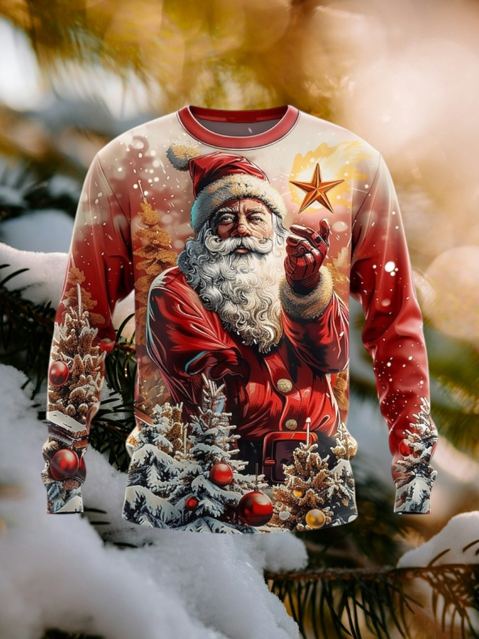 Santa With Star Christmas Holiday Sweatshirt Pine Tree Festival Christmas Gifts For Friends