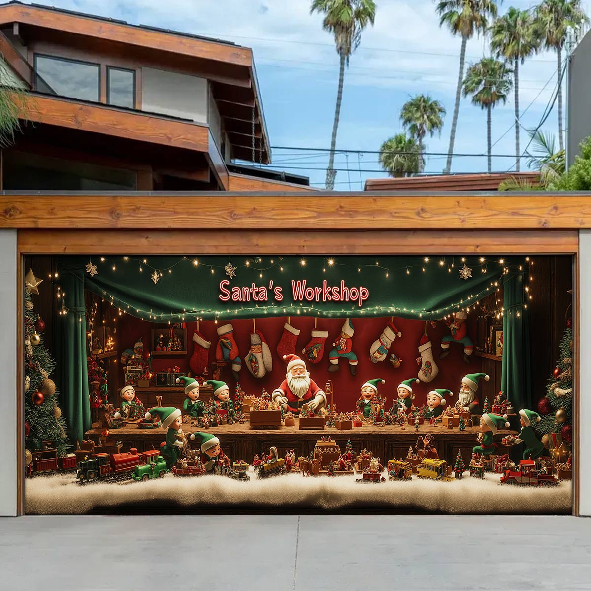 Santa Workshop Christmas Garage Door Banner Holiday Decorations Santa Claus Lover Christmas Gift