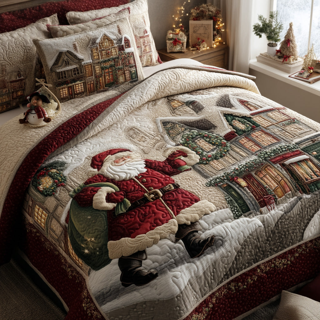 Santa Workshop Quilted Bedding Set Holiday Duvet Cover Set Christmas Gift For Mom