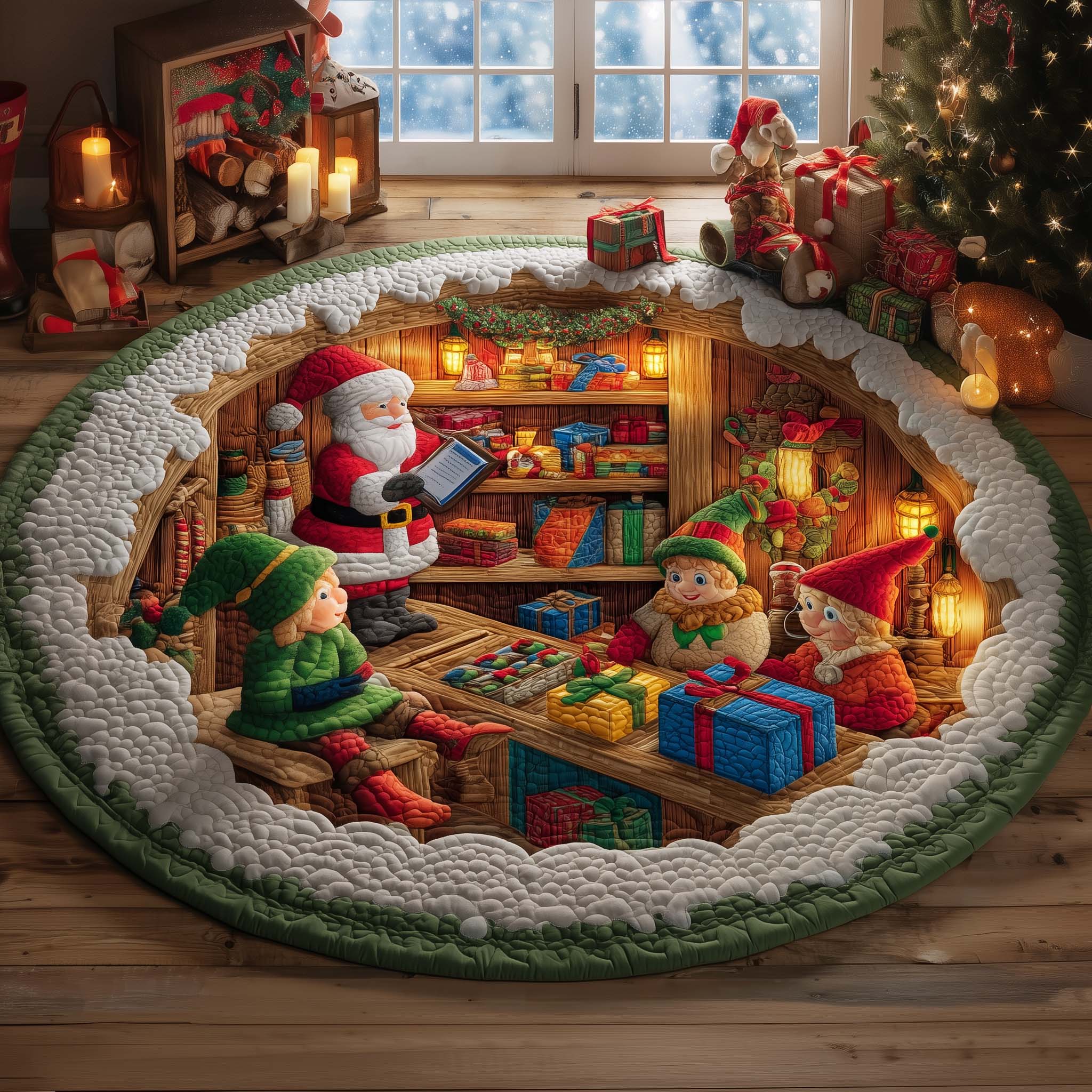 Santa Workshop Quilted Round Mat Elegant Quilted Round Mat to Enhance Your Room