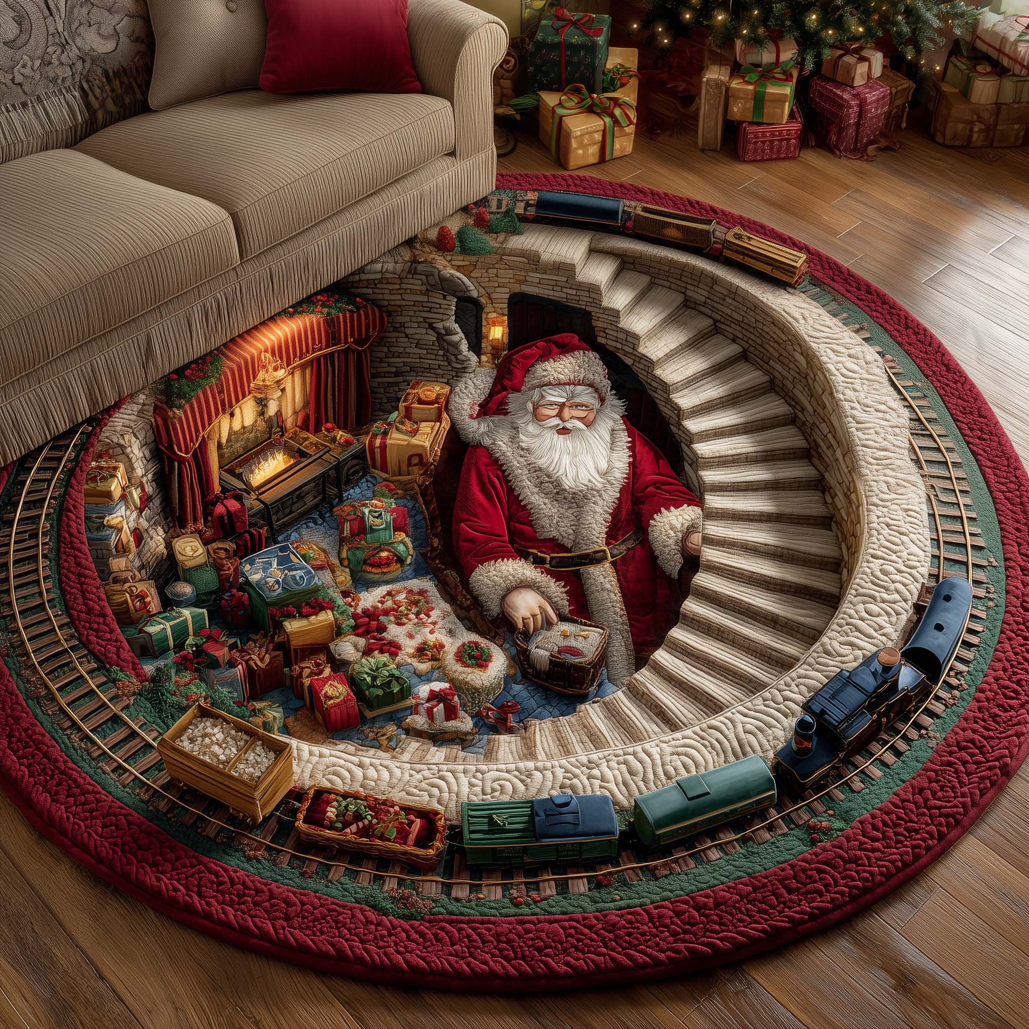 Santa Workshop Quilted Round Mat Non-Slip Quilted Round Mat for Safety and Style