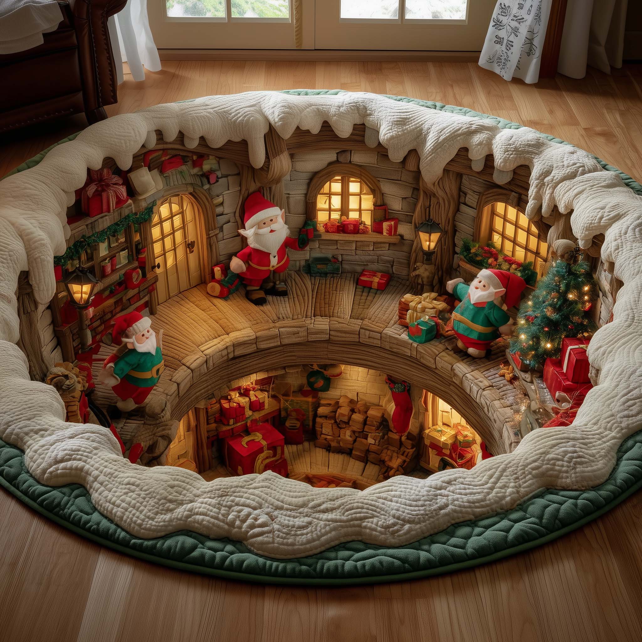 Santa Workshop Quilted Round Mat Soft Cotton Quilted Round Mat for Daily Comfort