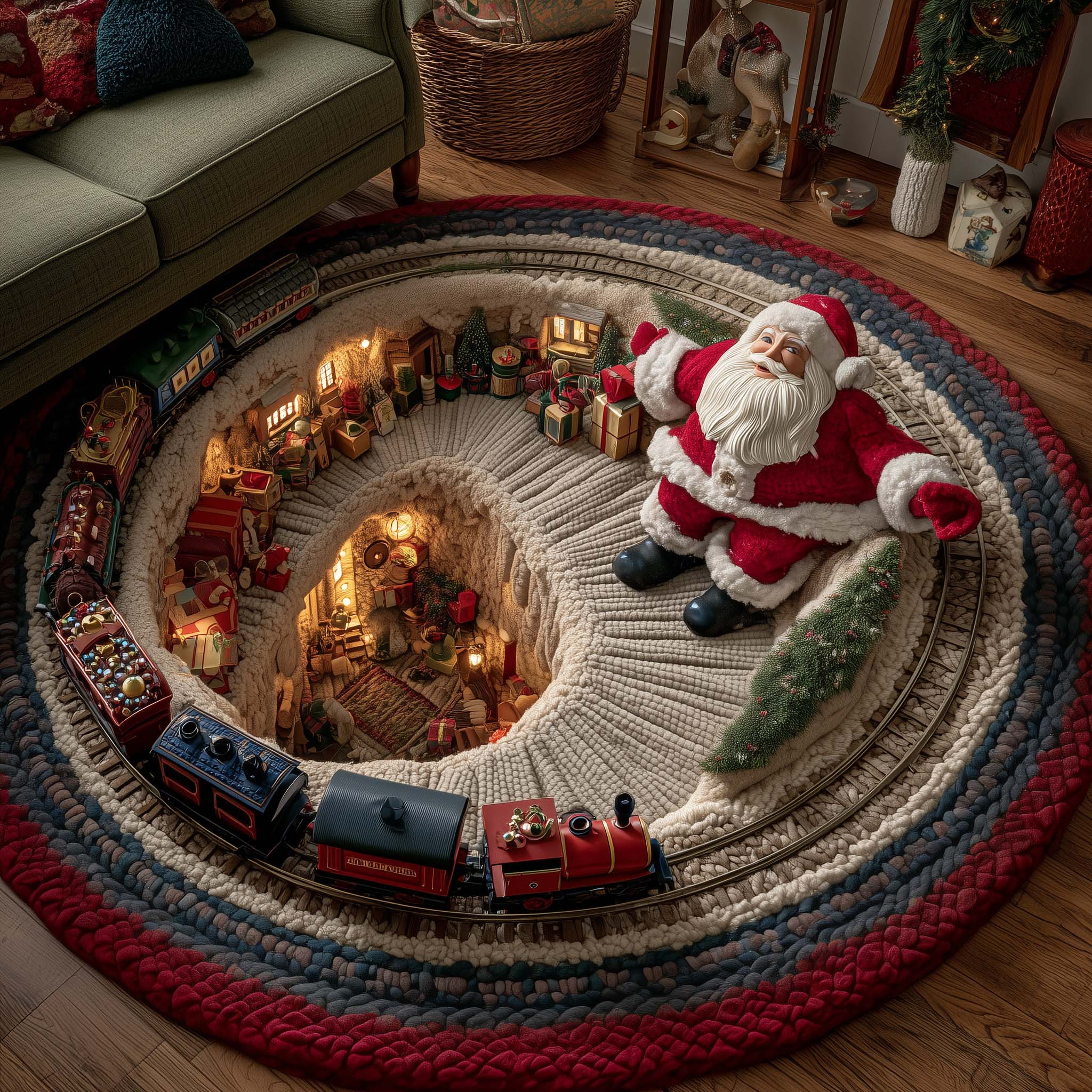 Santa Workshop Quilted Round Mat Vibrant Quilted Round Mat to Brighten Your Room