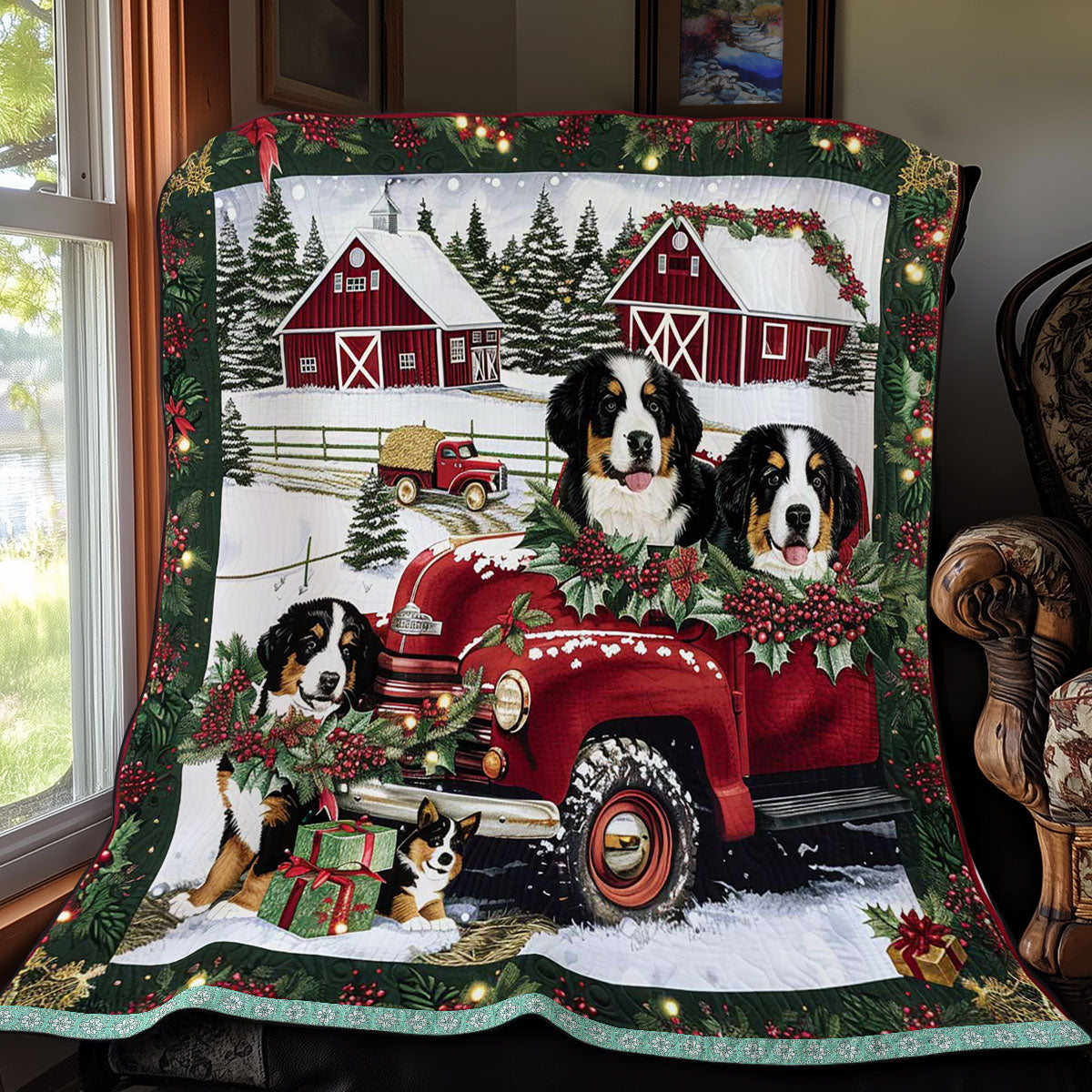 Santa's Bernese Truck Quilt Blanket Christmas Throw Blanket Christmas Gifts For Brother In Law