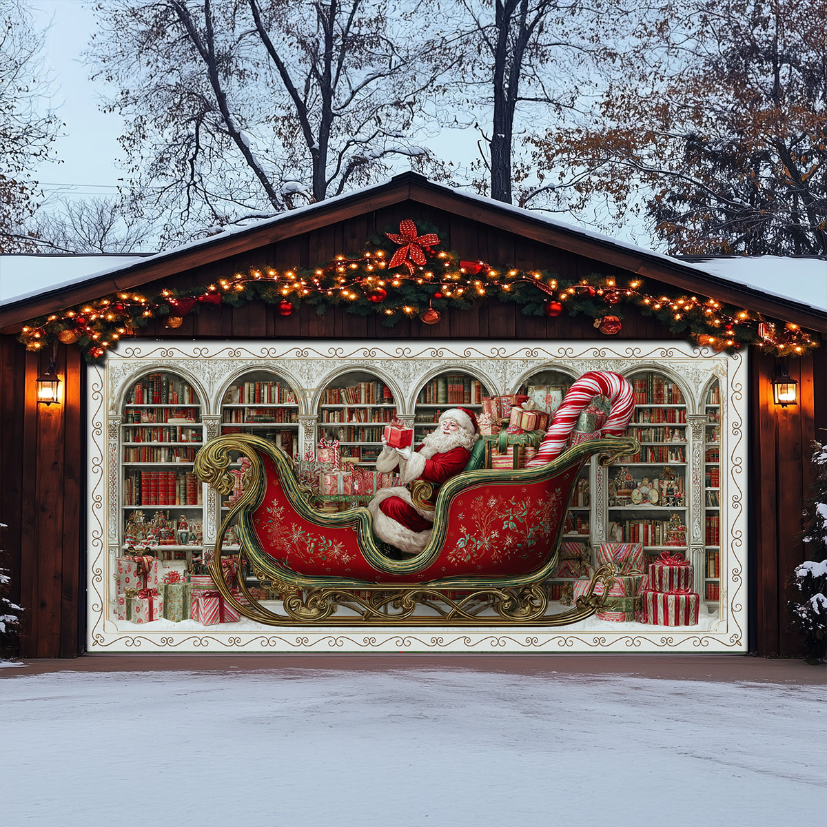 Santa's Bookshelf Christmas Garage Door Banner Xmas Decor Christmas Gifts For Bookish