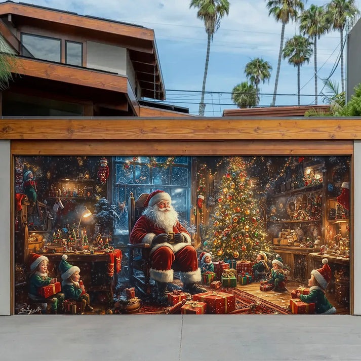 Santa's Cozy Workshop Christmas Garage Door Cover Eve With Elves and Gifts House Decor Gifts