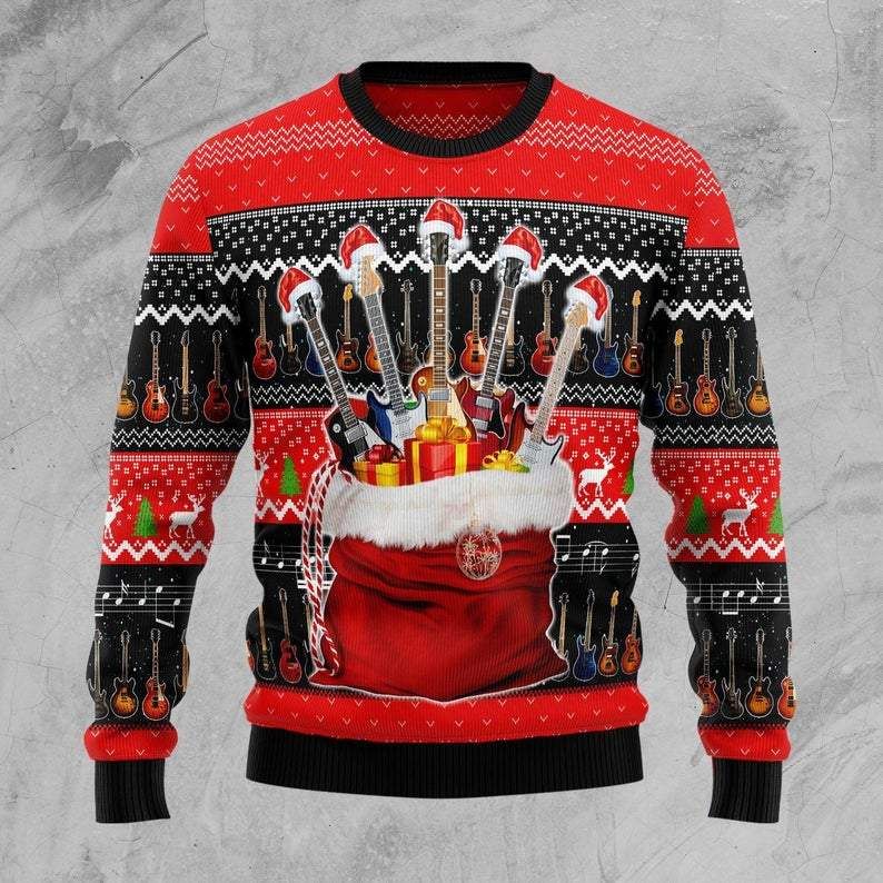 Santa's Electric Guitar Bag Ugly Christmas Sweater Best Guitar Jumpers To Get For Christmas