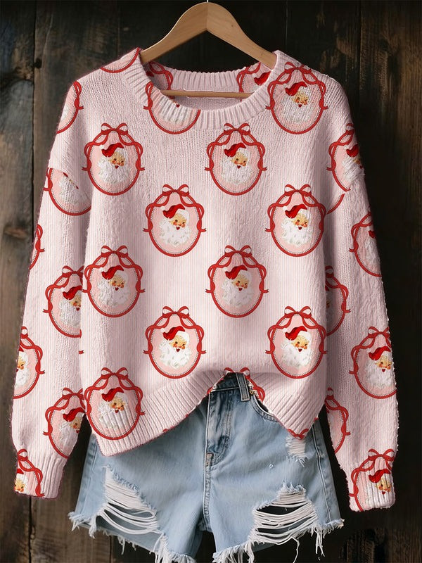 Santa's Face Christmas Sweater Red Bow Cozy Holiday Cute Apparel Xmas Gifts For Teens