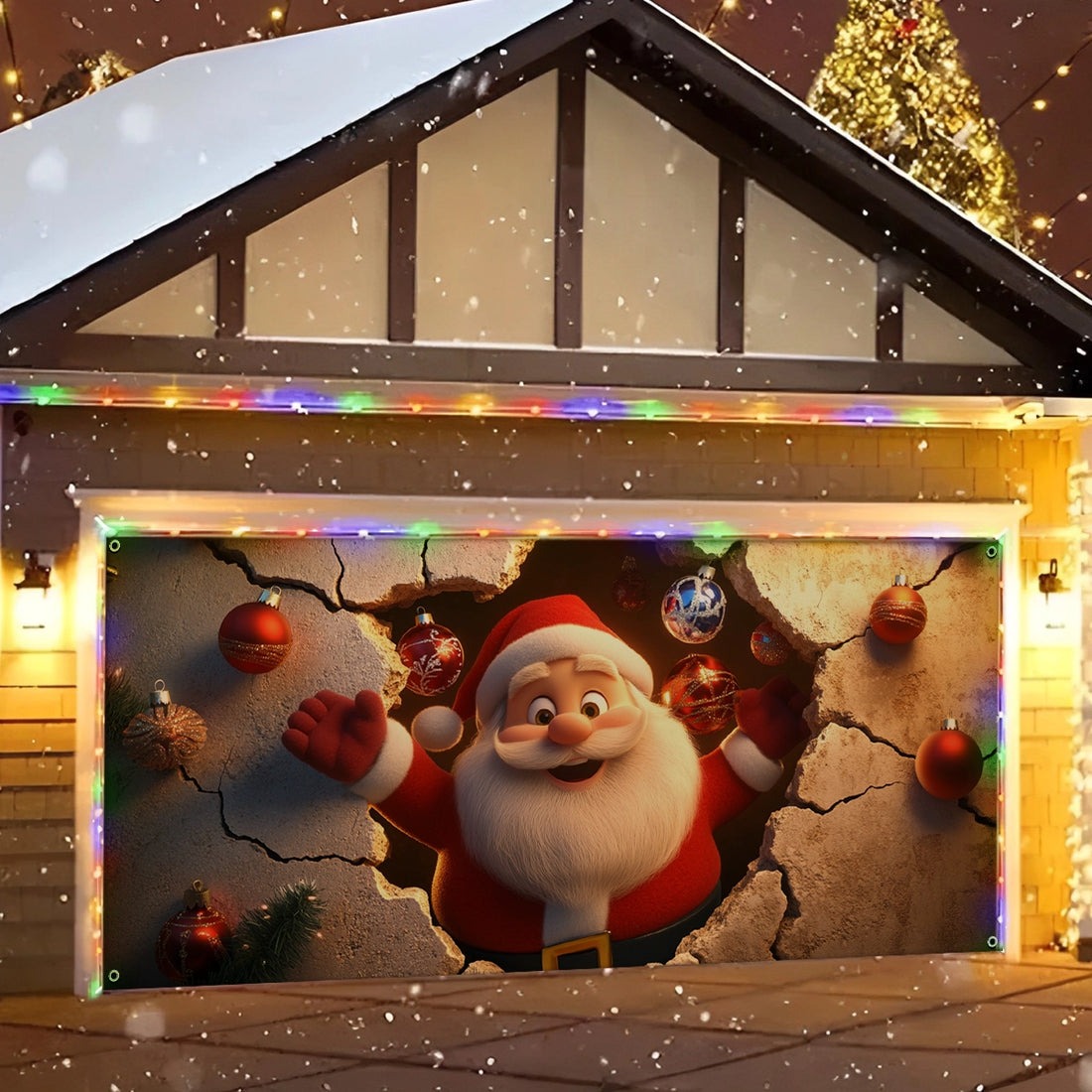 Santa's Festive Breakthrough Christmas Garage Door Cover Cartoon Santa Outdoor Decor Xmas Gifts