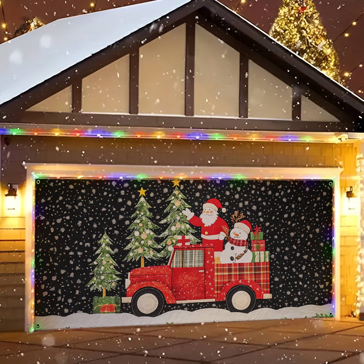 Santa's Red Truck Christmas Garage Door Banner Xmas Home Decor Christmas Gift For Truckers