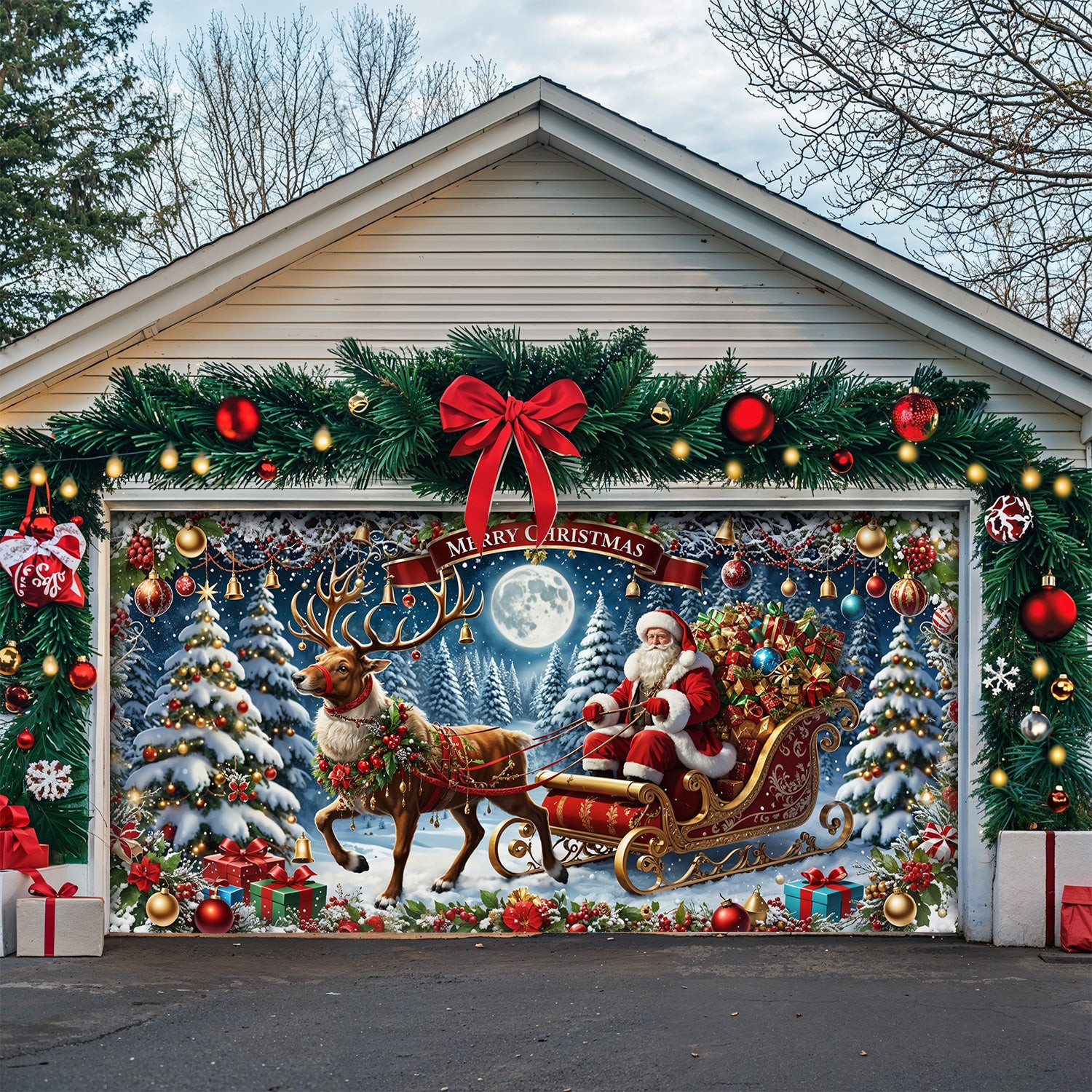 Santa's Sleigh Christmas Garage Door Banner Winter Decor Best Christmas Presents
