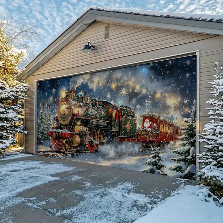 Santa's Sleigh On Rails Christmas Garage Door Cover Enchanted Railway Scene Holiday Decoration