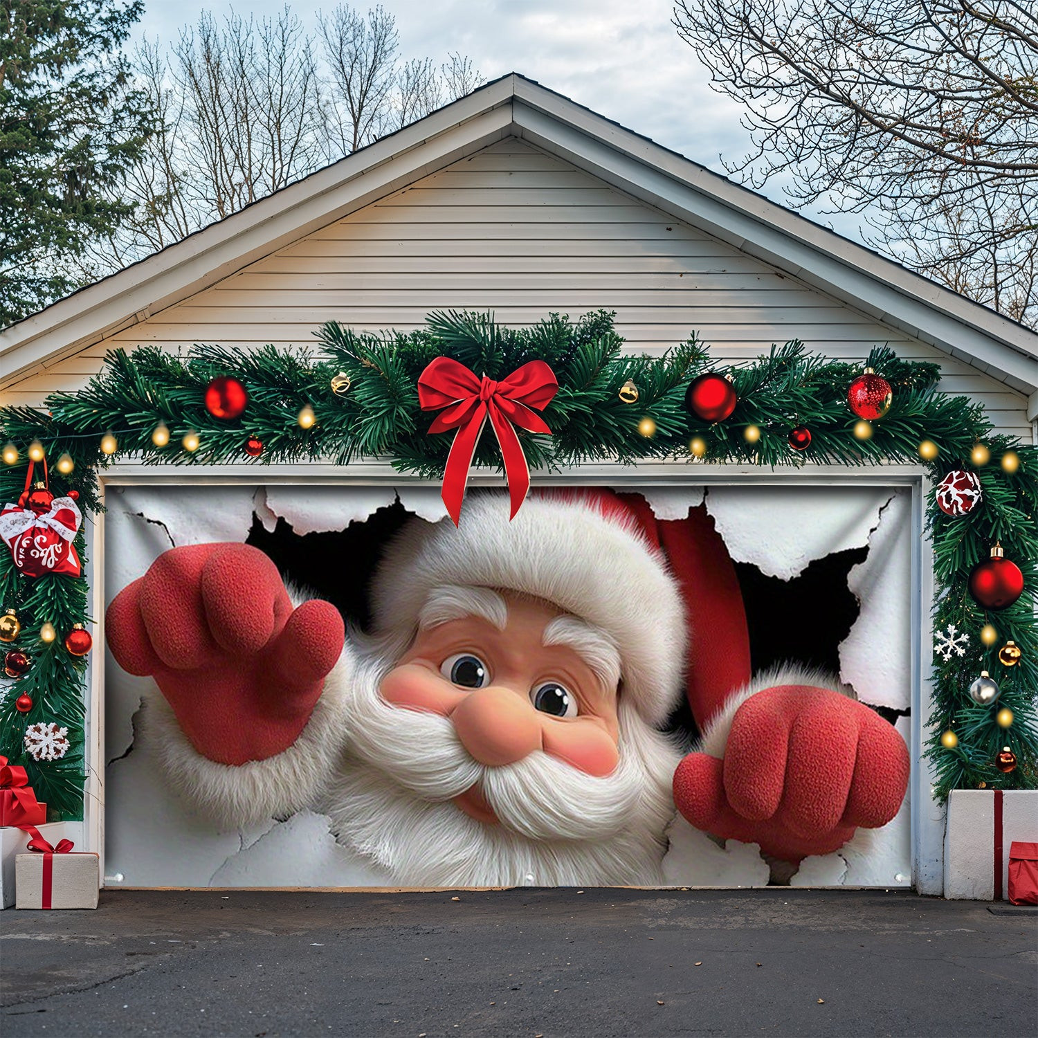 Santa's Surprise Christmas Garage Door Banner Garage Door Holiday Covers Xmas Gifts