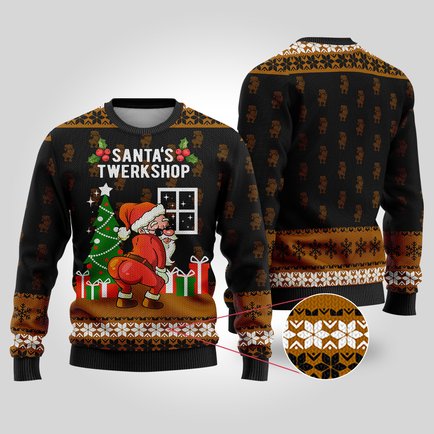Santas Twerkshop Ugly Christmas Sweater Black Heartwarming Christmas Gift Sweater for Him or Her