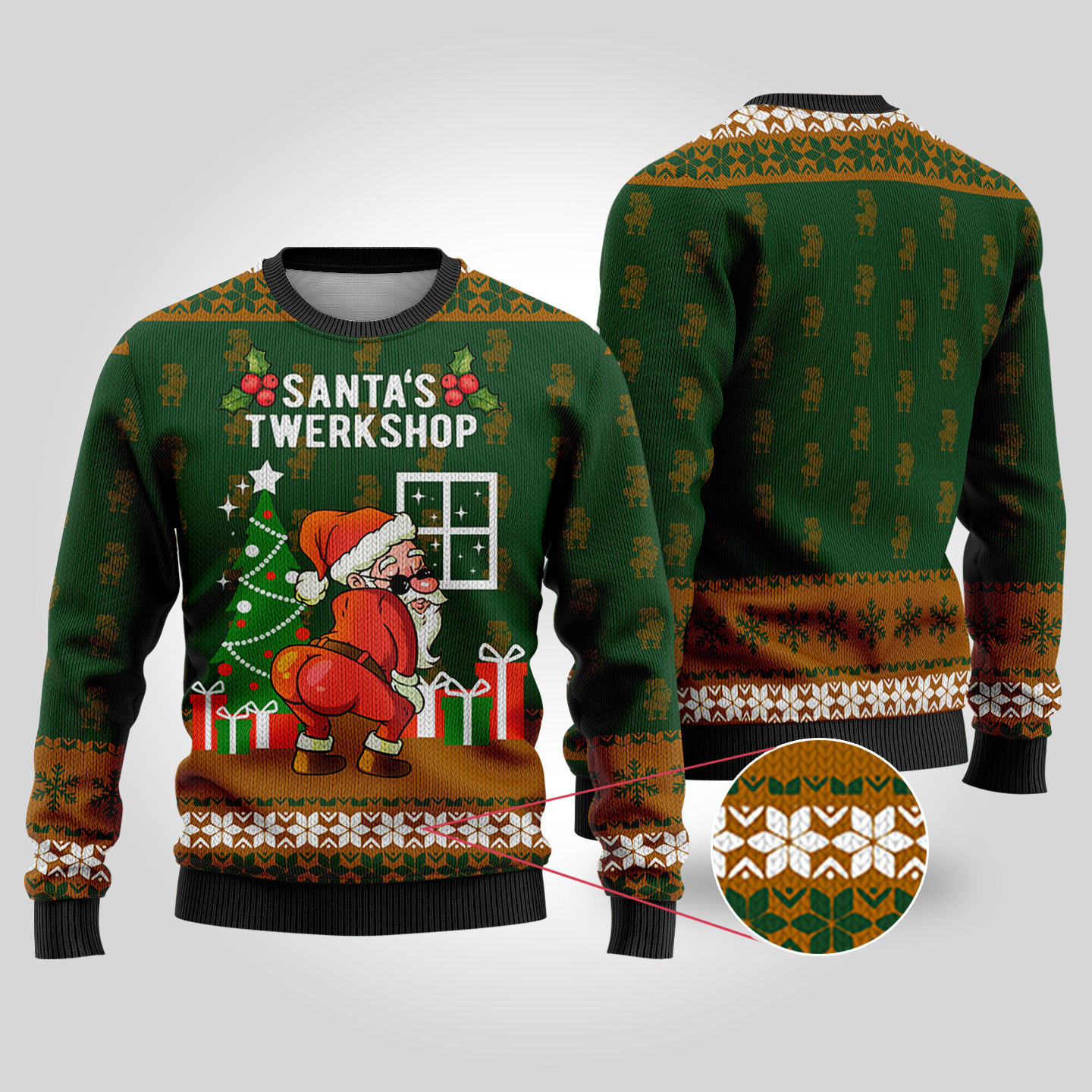 Santas Twerkshop Ugly Christmas Sweater Forest Green Cozy Christmas Sweater for Holiday Season