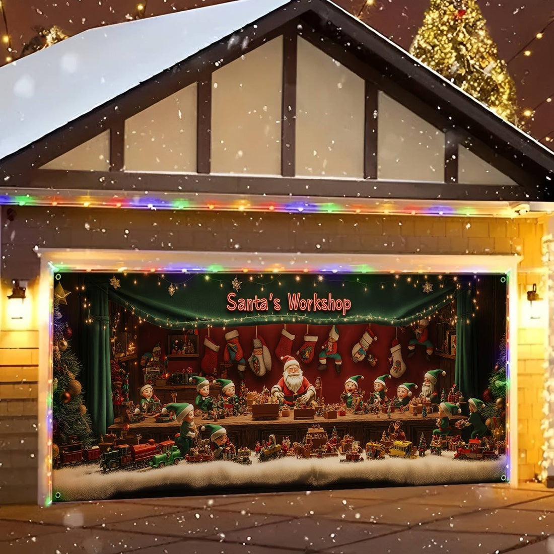 Santa's Workshop Christmas Garage Door Cover Cute Home Decoration Gifts For Christmas