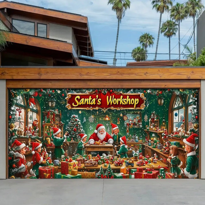 Santa's Workshop Christmas Garage Door Cover Elves Making Toys Scene Holiday Decoration