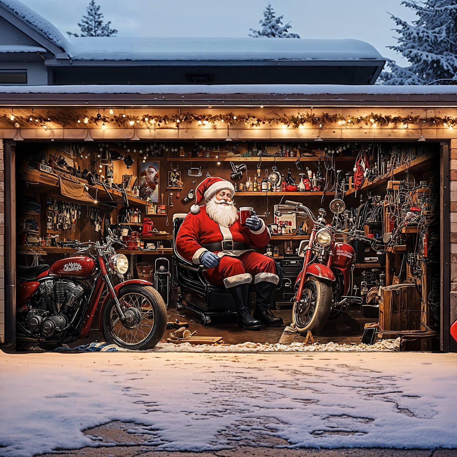 Santa's Workshop Motors Christmas Garage Door Banner Holiday Home Decor Xmas Gifts For Riders