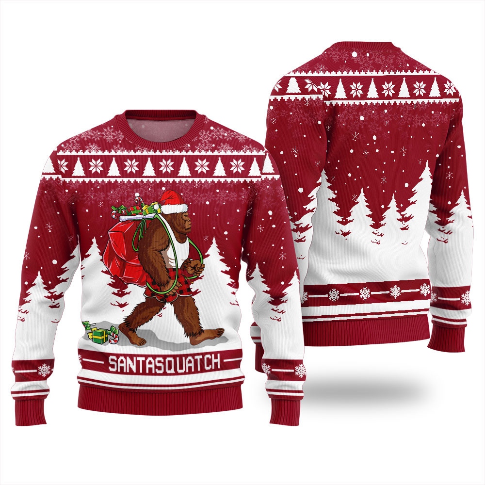 Santasquatch Bigfoot Christmas Ugly Sweater Womens Soft Cotton Sweatshirt for Winter Comfort