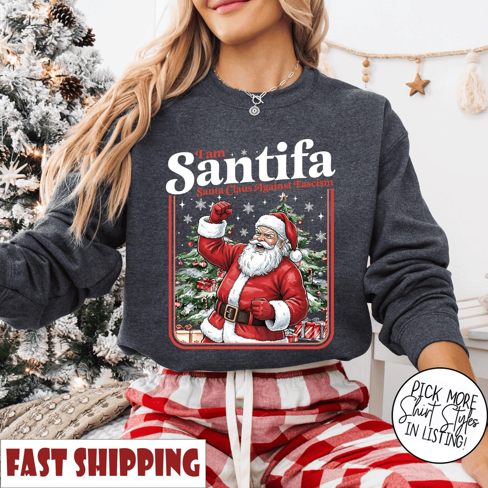 Santifa Christmas Sweatshirt Antifa Santa Crew Neck Christmas Shirt for Democrats