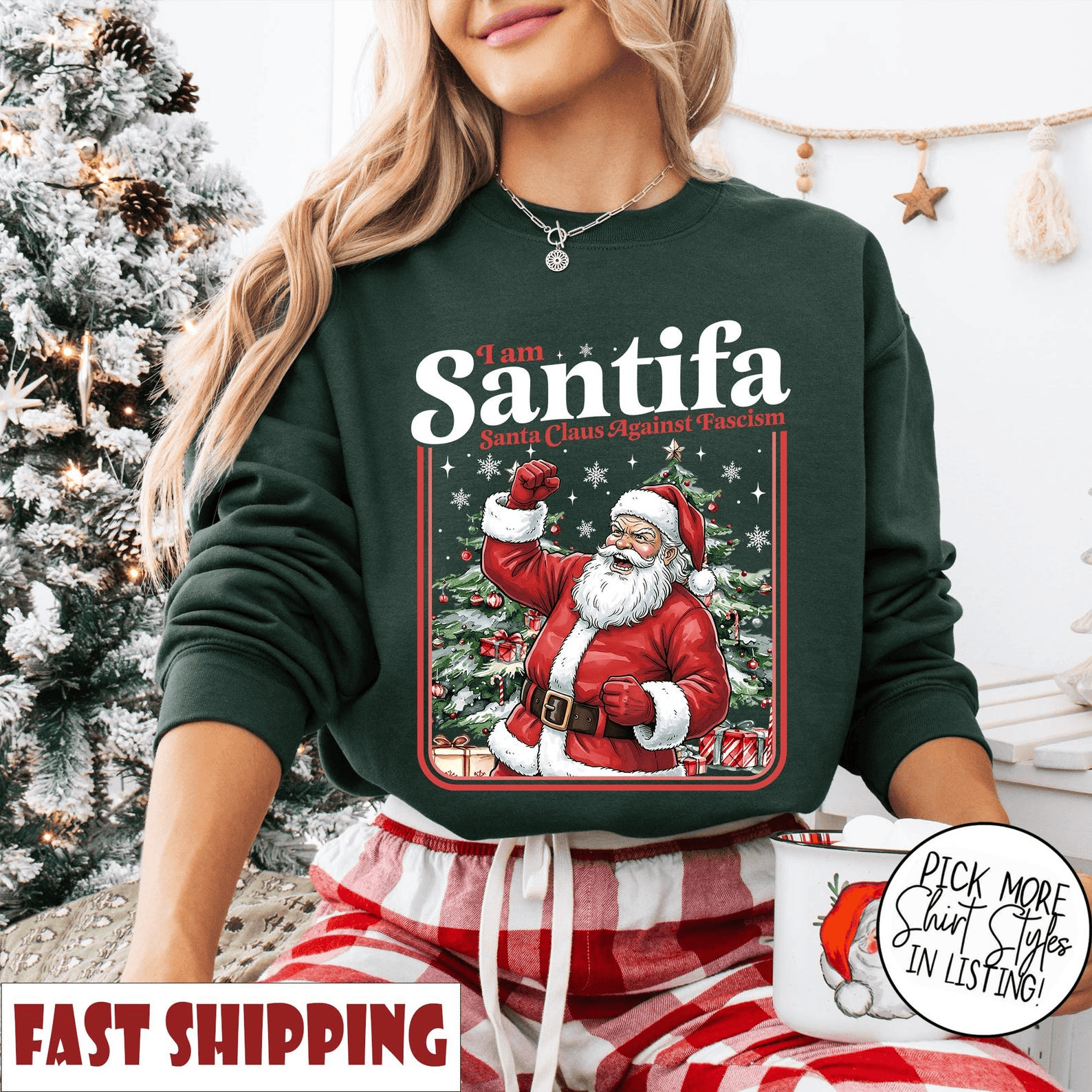 Santifa Christmas Sweatshirt Antifa Santa Crew Neck Christmas Shirt for Democrats