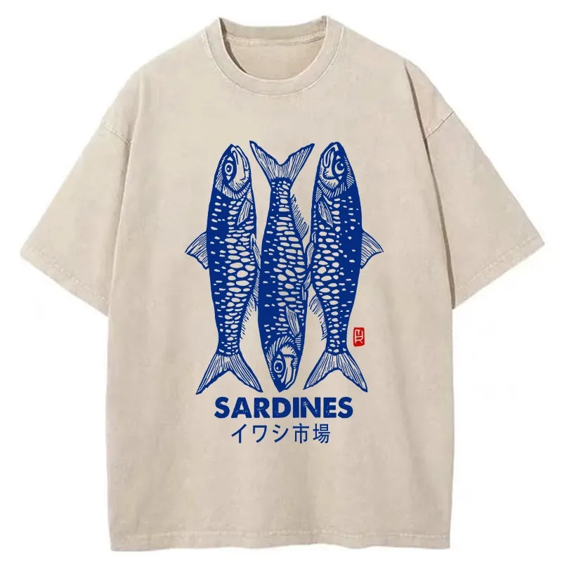 Sardines Market Washed T-Shirt Soft Cotton Daily Wear Tee Gifts For BFF Sardines Market Washed T-Shirt Soft Cotton Daily Wear Tee Gifts For BFF