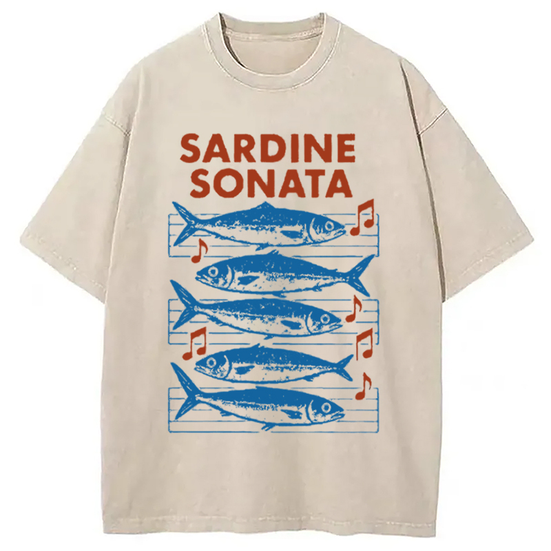Sardines Sheet Music Washed T-Shirt Minimal Retro Graphic Clothing Gifts For Him Sardines Sheet Music Washed T-Shirt Minimal Retro Graphic Clothing Gifts For Him
