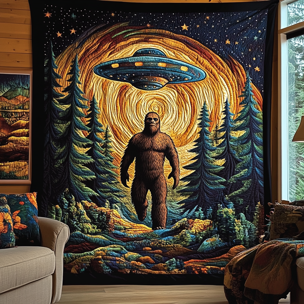 Sasquatch and UFO Cryptic Forest Quilted Blanket Best Couch Throw Blanket Turtle Gifts For Adults