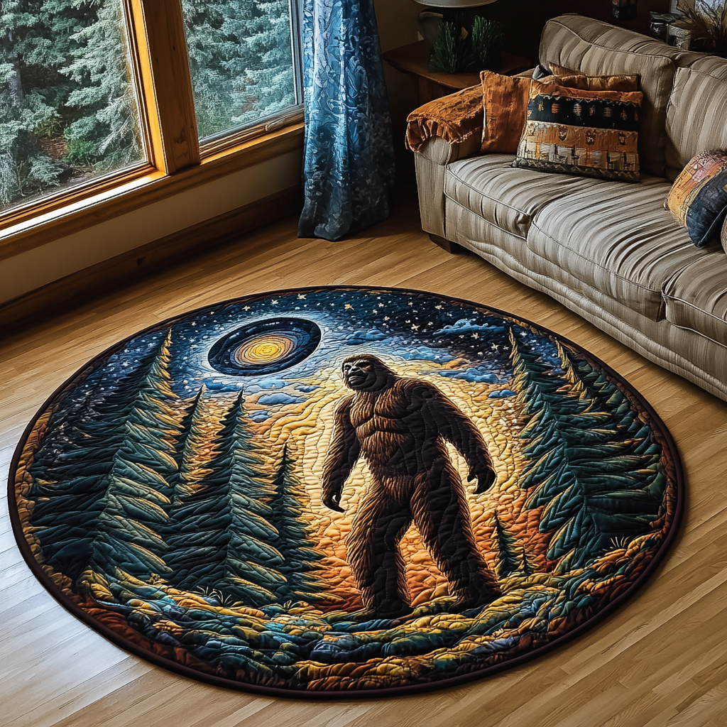 Sasquatch and UFO Cryptic Forest Quilted Round Mat Front Entryway Ideas Christmas Tree Small Skirt