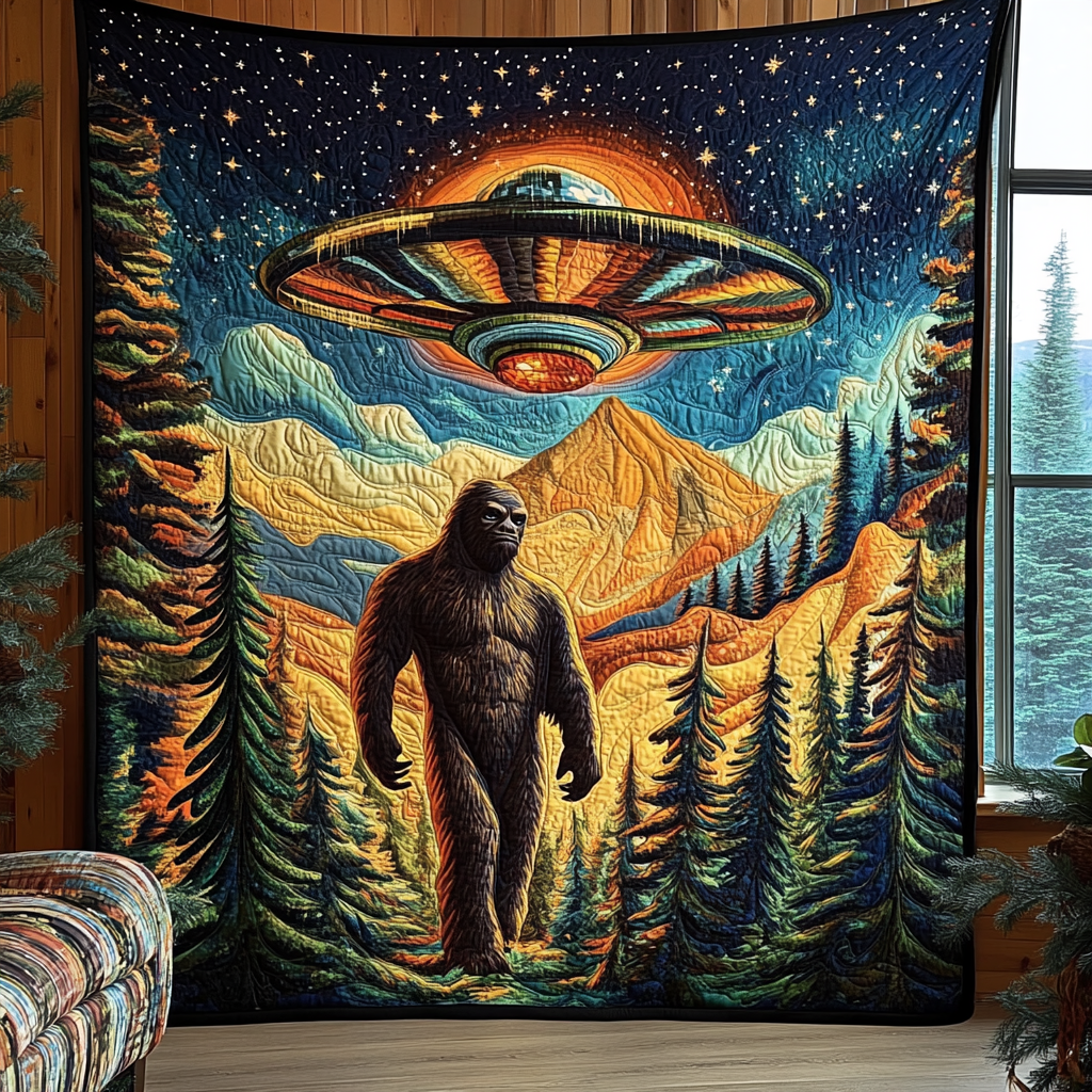 Sasquatch and UFO Encounter Quilted Blanket Cute Throw Blanket Unique Gifts For Nature Lovers