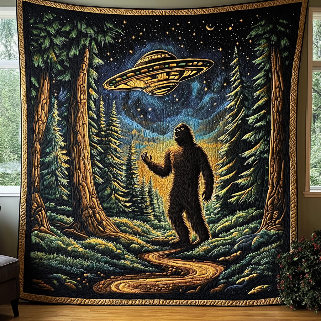 Sasquatch and UFO Glow Quilted Blanket Best Couch Throw Blanket Birthday Gifts For Nature Lovers