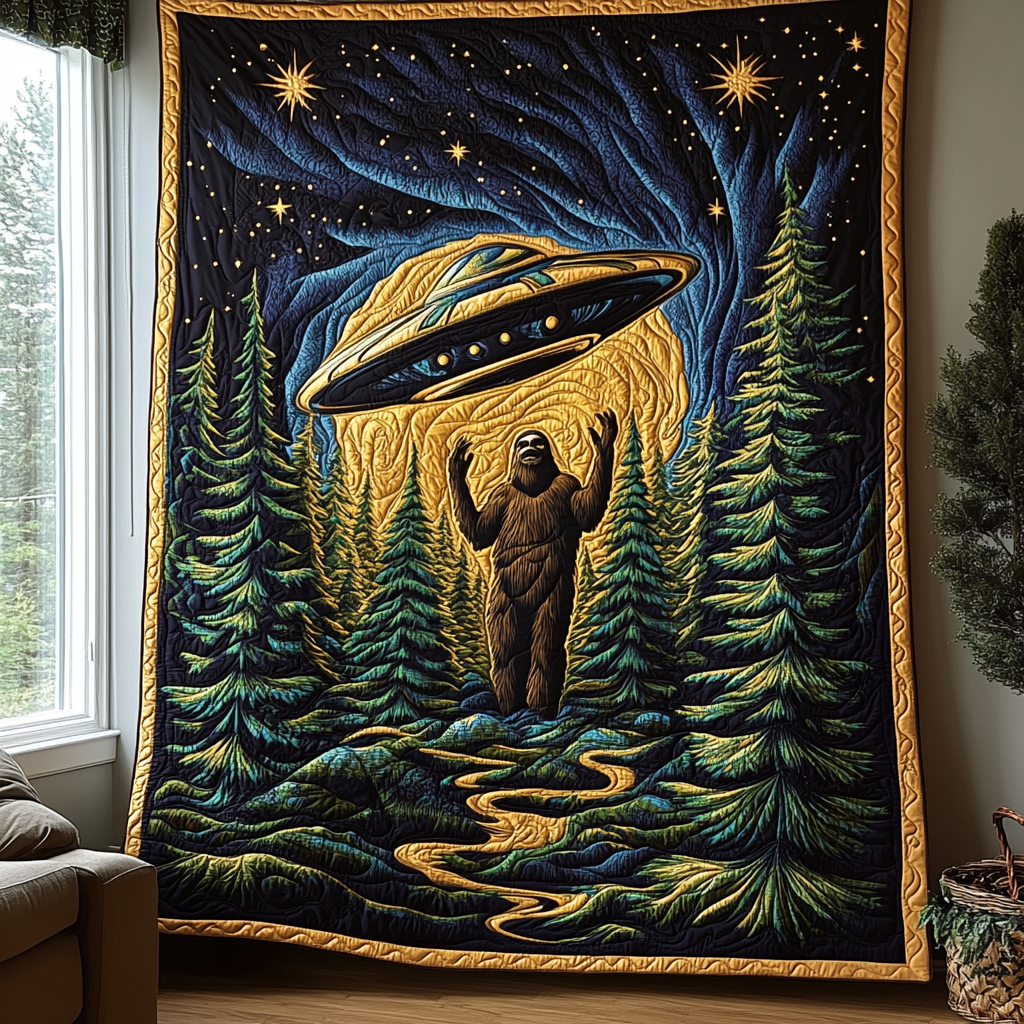 Sasquatch and UFO Quilted Blanket Best Throw Blanket Presents For Nature Lovers
