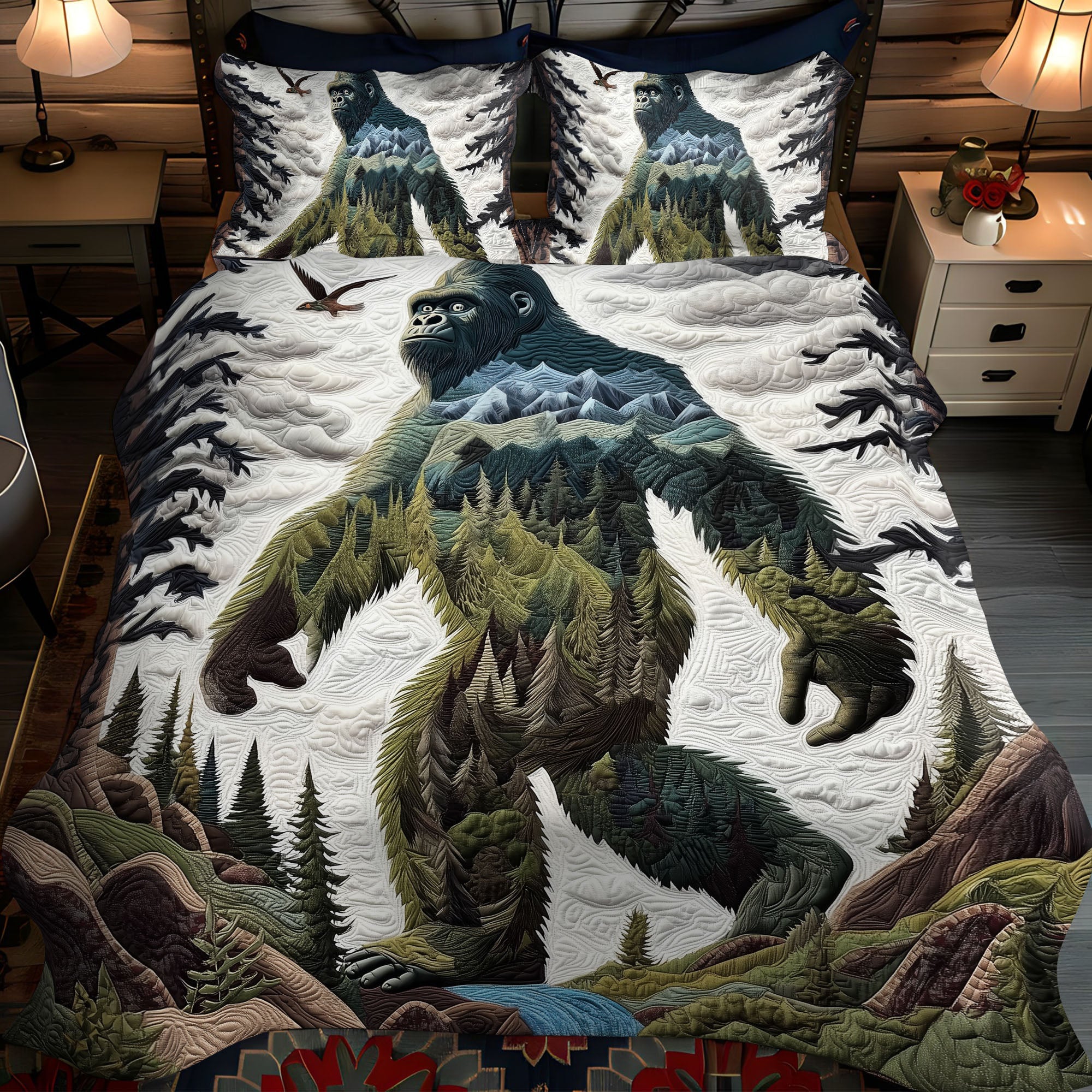 Sasquatch Encounter Quilted Bedding Set Bed Decor Bigfoot Themed Gifts