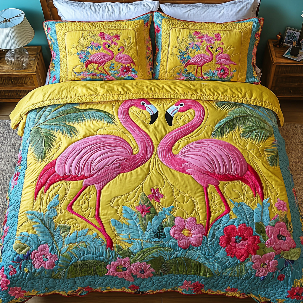 Sassy Flamingo Quilted Bedding Set Bed Room Decoration Flamingo Presents