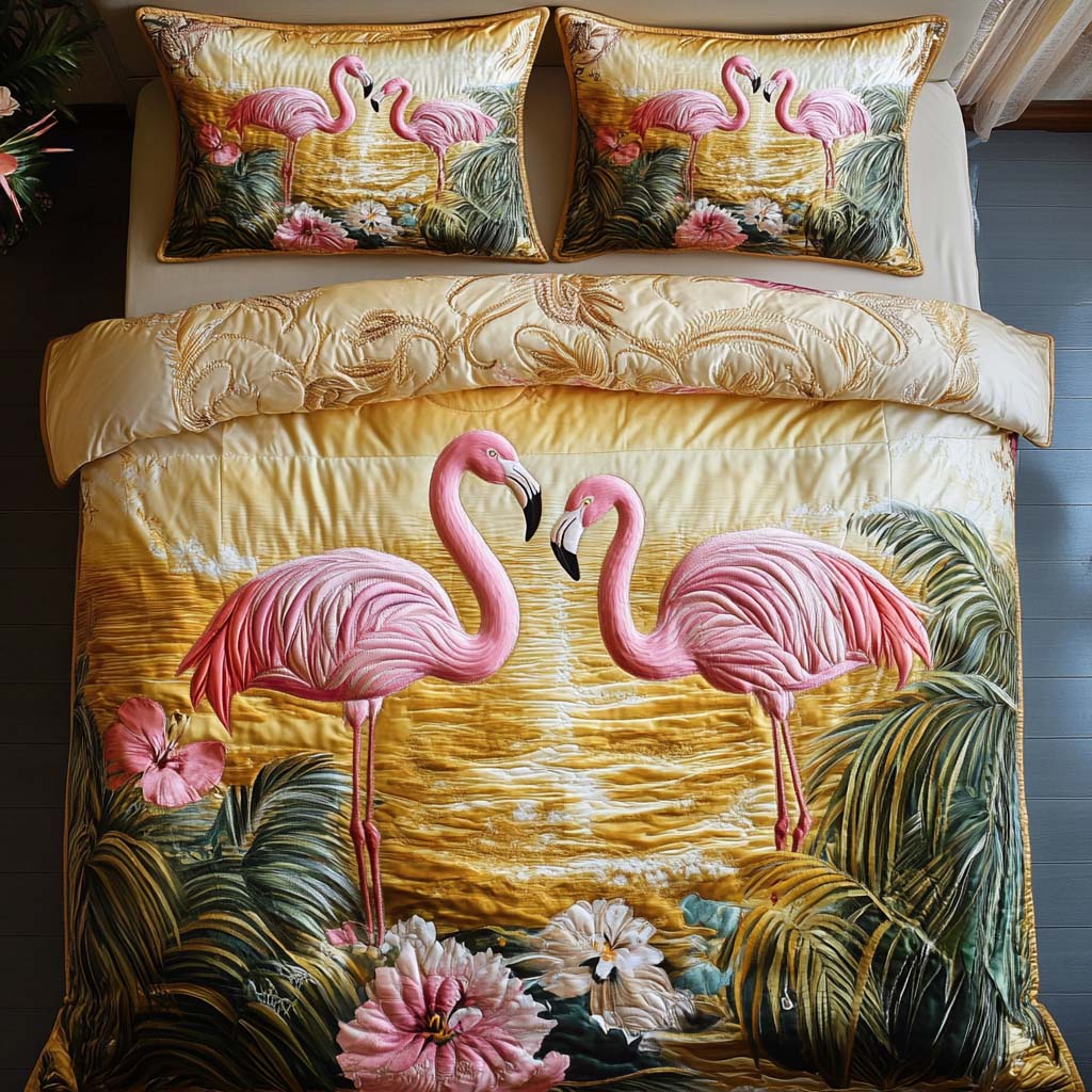 Sassy in Pink Quilted Bedding Set Bedspread Set Flamingo Themed Gift Items