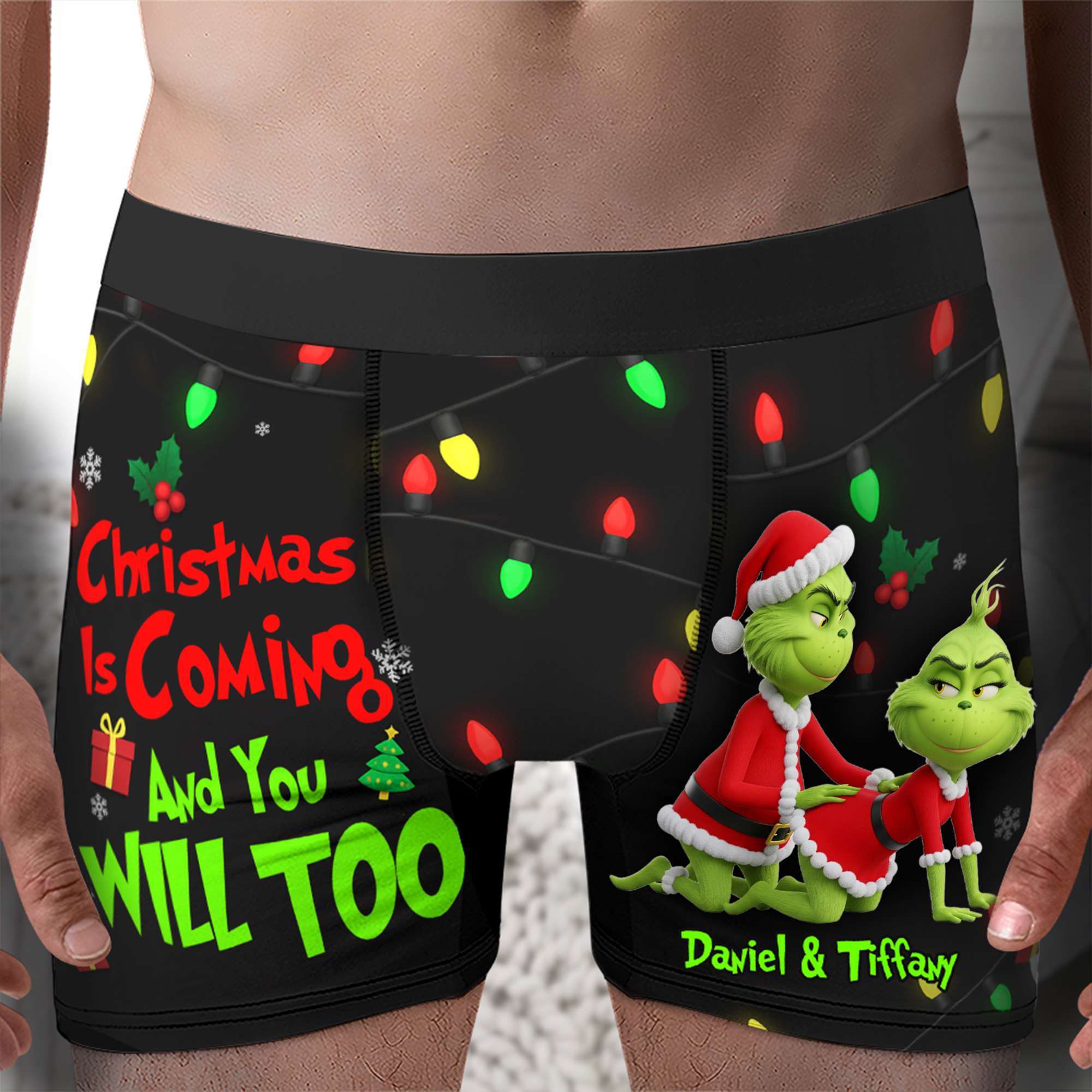 Saucy Green Couple Christmas Boxers - Personalized Gifts For Him - Secret Santa Gifts Funny Ideas