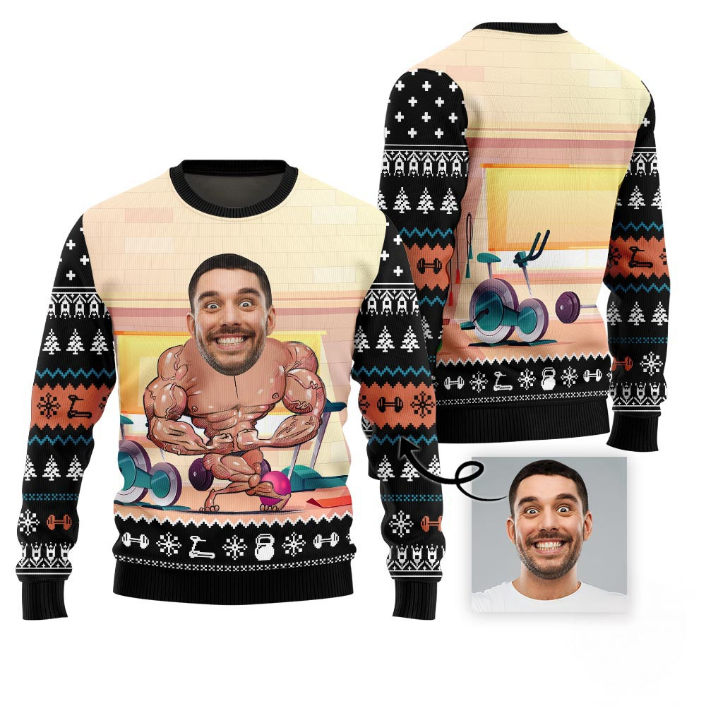 Savage Custom Face Gym Gains Ugly Christmas Sweater Funny Holiday Sweater