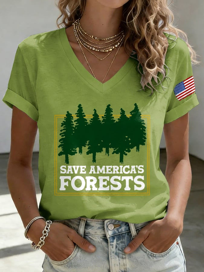 Save America's Forests USA Flag Patriotic V-Neck Fameery Merch For Sasquatch Believers
