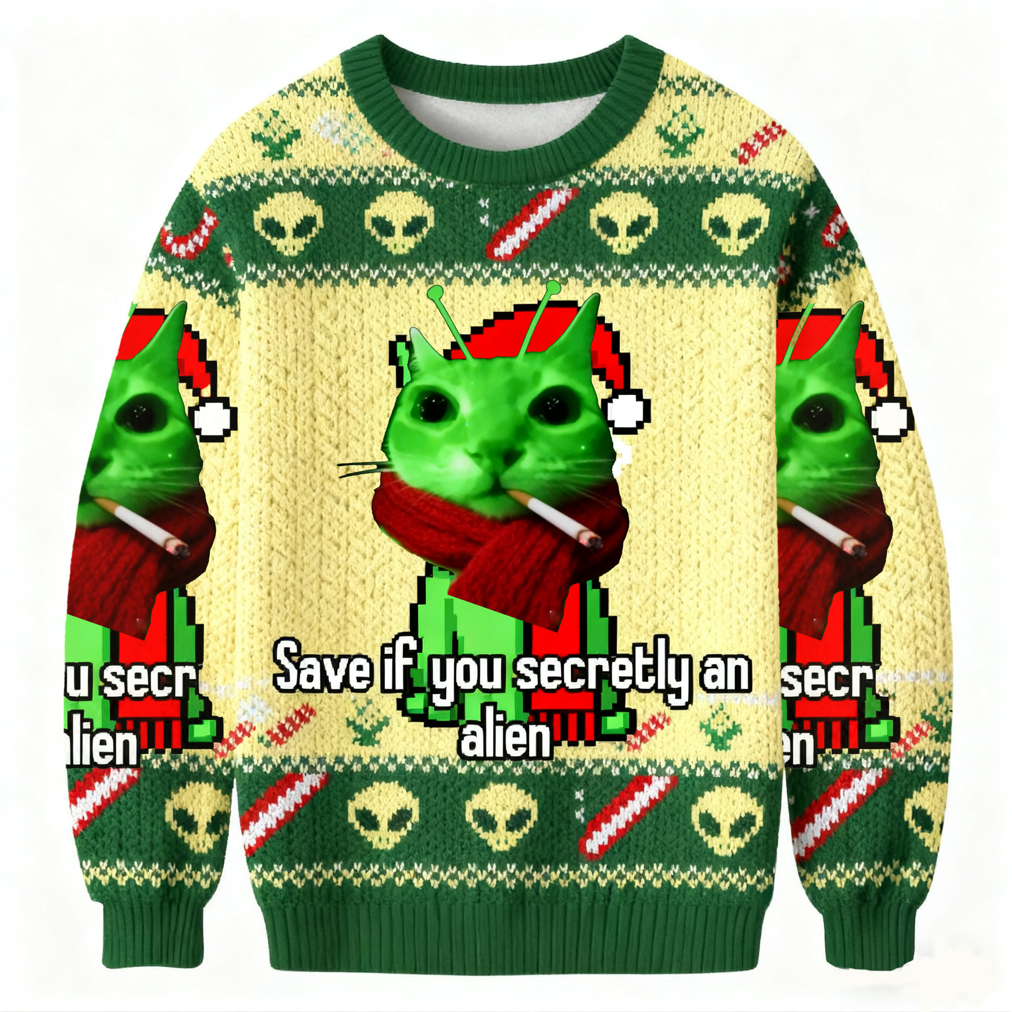 Save If You Secretly An Alien Smoing Cat Meme Christmas Ugly Sweater Xmas Outfits Gift Ideas
