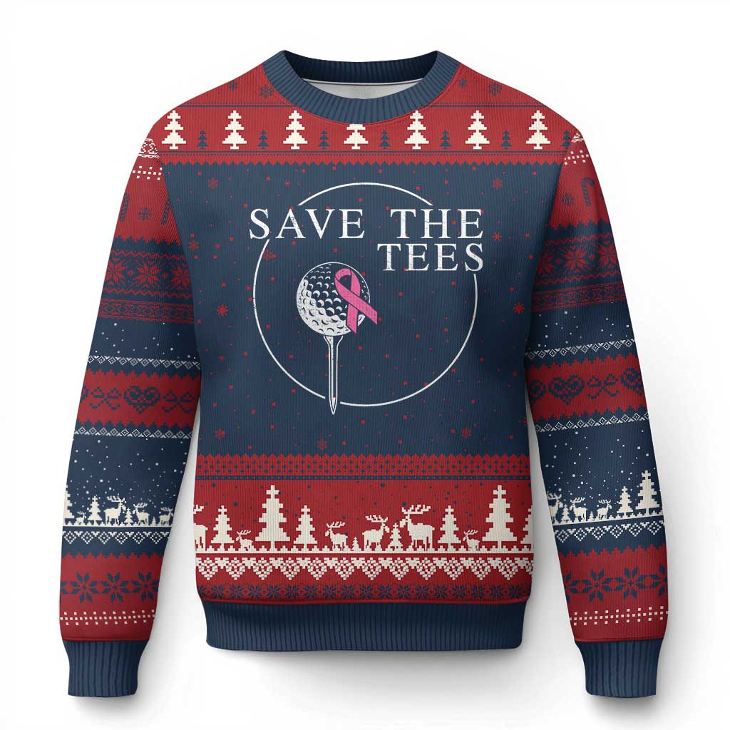 Save The Tees Golf Ugly Christmas Sweater Pink Ribbon Breast Cancer Awareness Sweater Gifts