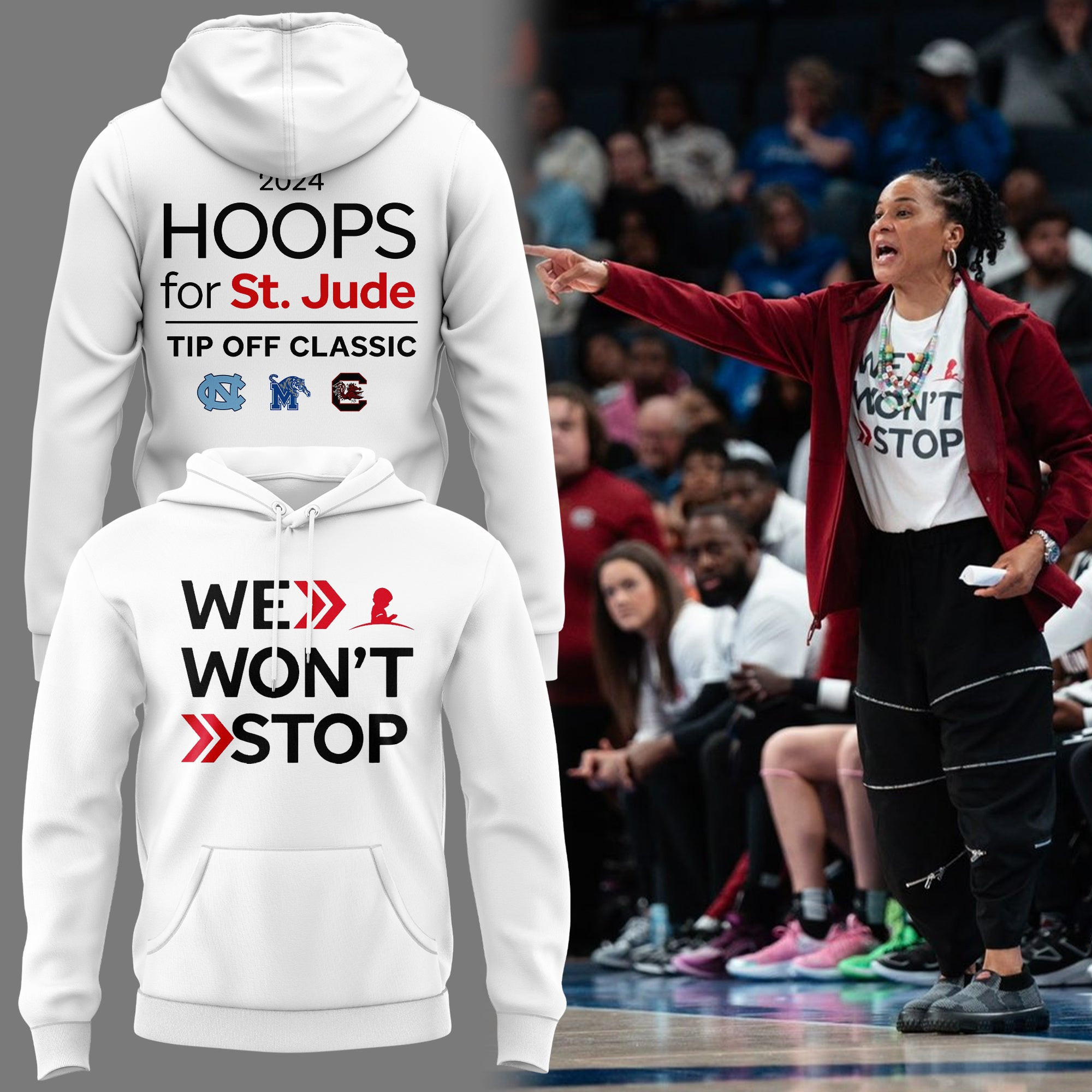 SC Gamecocks Women's Basketball Hoodie We Won't Stop 2024 Hoops For St. Jude Tip Off Classic