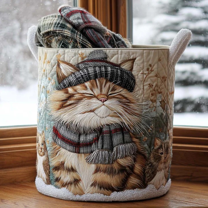 Scarf Cat Quilted Laundry Basket Cozy Winter Cat Boho Home Storage Cute Gift For Cat Lovers