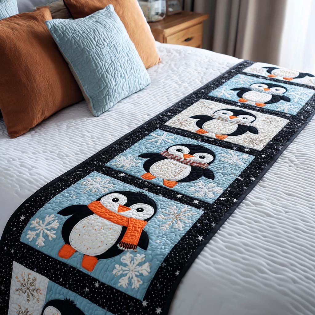 Scarfed Penguins Quilted Bed Runner Christmas Decorations Xmas Gifts For Family