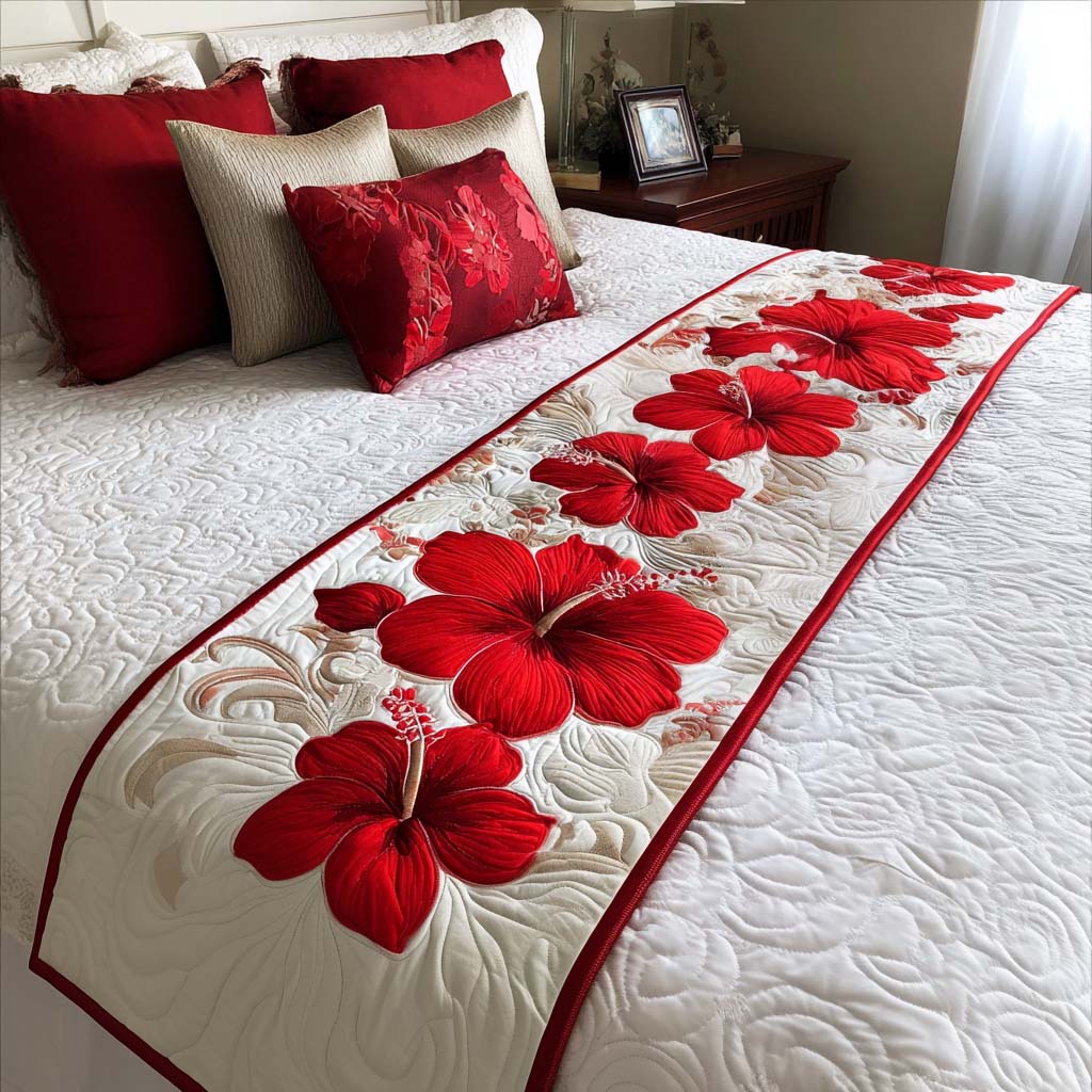 Scarlet Blooms Quilted Bed Runner Bed Decorations Presents For Flower Lovers