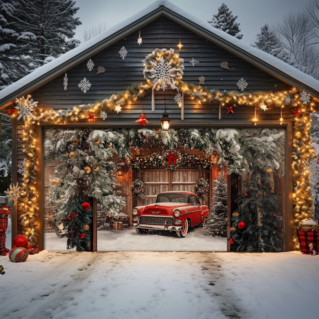 Scarlet Drive Christmas Garage Door Cover Red Car In Snowy Garage Outdoor Gift Ideas