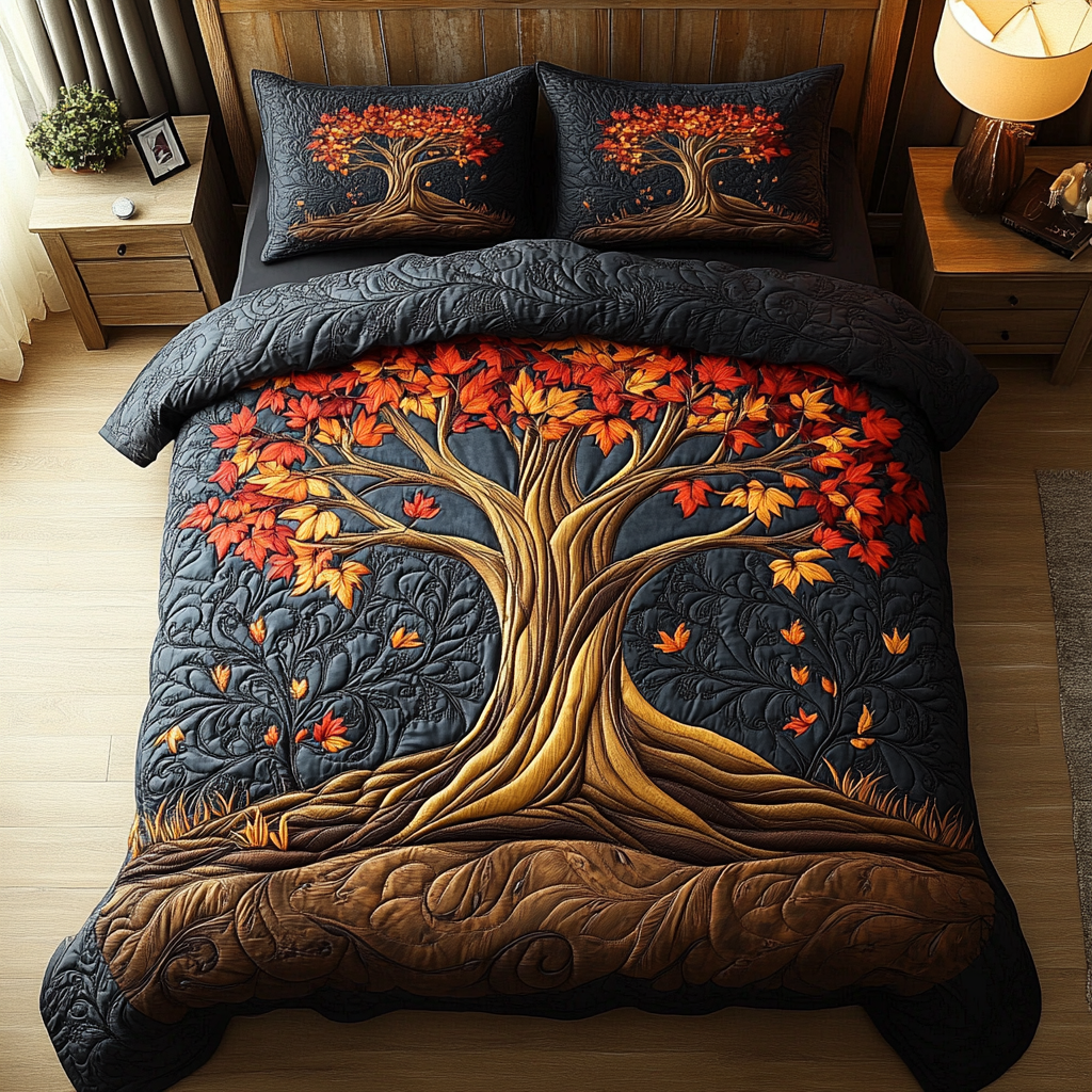 Scarlet Leaves Quilted Bedding Set Bed Decor Tree Of Life Gifts For Adults