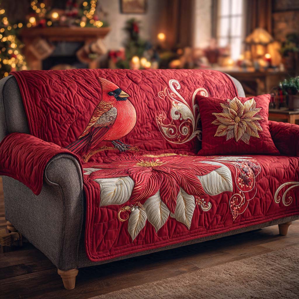 Scarlet Noel Comfort Quilted Sofa Cover Christmas Living Decor Best Cardinal Gift Items