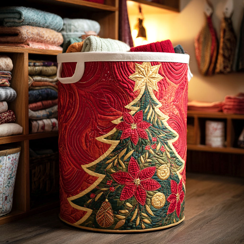 Scarlet Poinsettia Tree Quilted Laundry Basket Holiday Favorite Gift